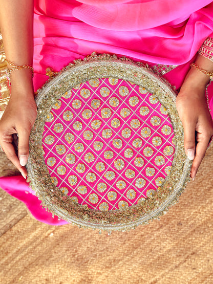 Chamak rani pink Karwa Chauth thal with intricate gota work and festive gold accents