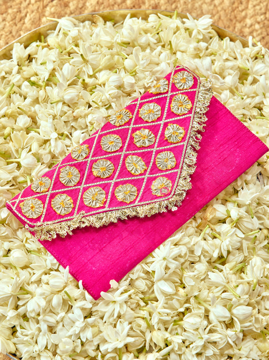 Chamak rani pink Karwa Chauth envelope with intricate gota work and festive gold accents