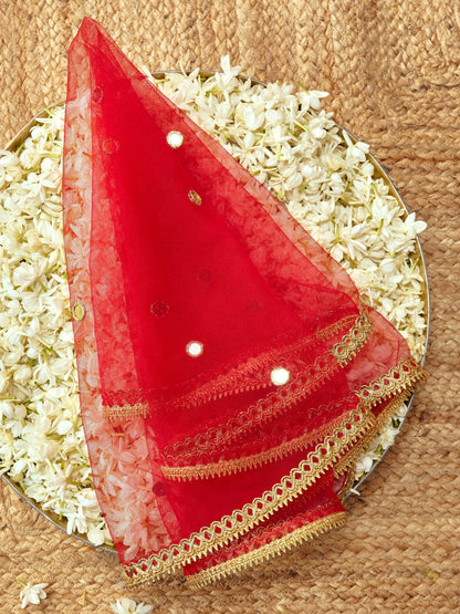 Sitara red Karwa Chauth chunri with mirror embroidery and golden floral details