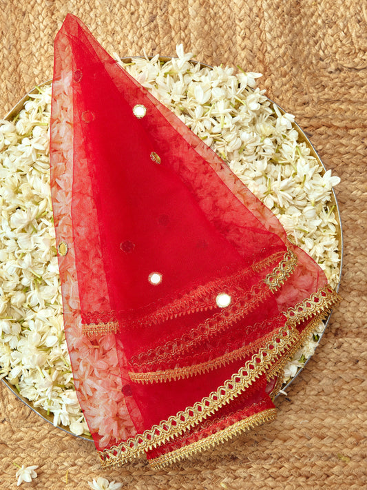 Sitara red Karwa Chauth chunri with mirror embroidery and golden floral details