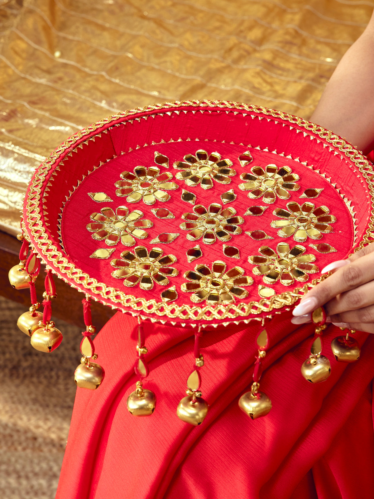 Sitara red Karwa Chauth thal with mirror embroidery and golden floral details