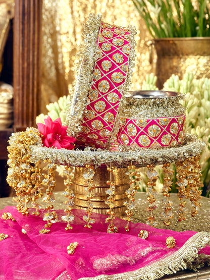 Chamak rani pink Karwa Chauth pooja hamper with handcrafted gota work and ghungroo latkans