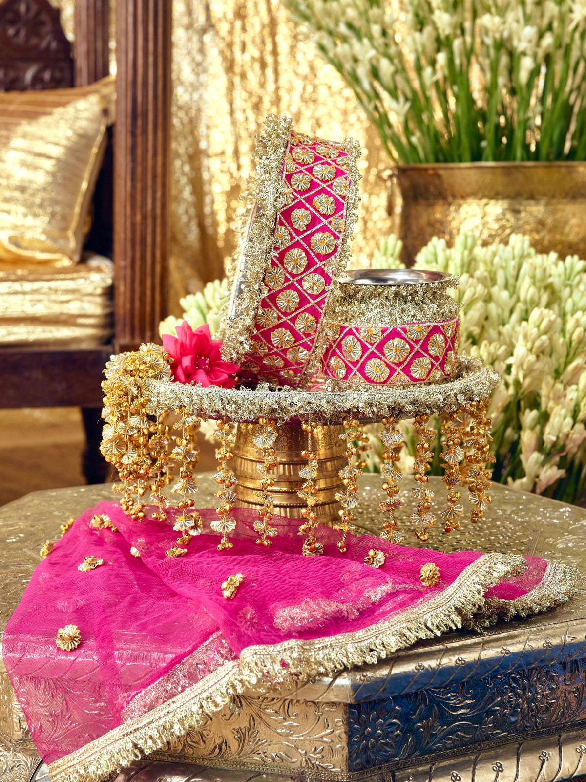 Chamak Essential Karwa Chauth Pooja Hamper - Rani Pink