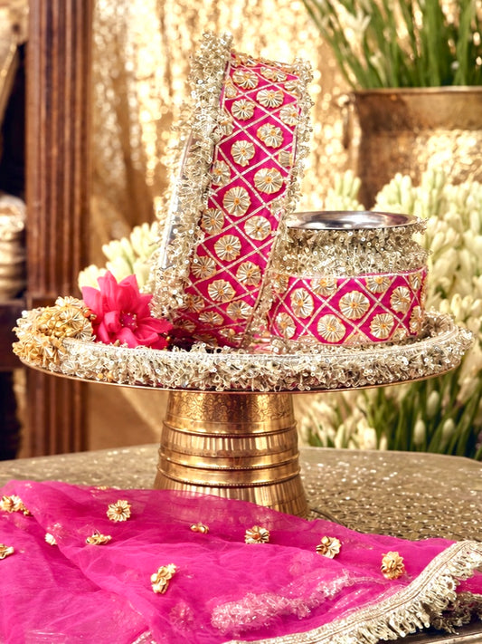Chamak rani pink Karwa Chauth pooja hamper with handcrafted thal, kalash, channi and chunri