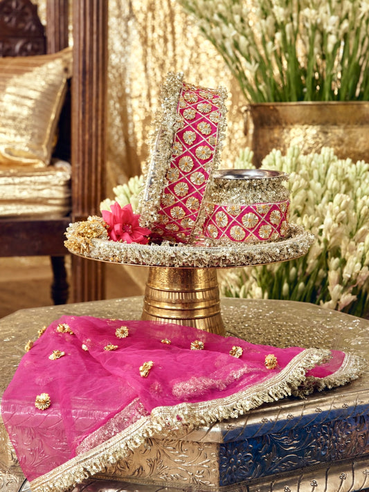 Chamak Essential Karwa Chauth Pooja Hamper - Rani Pink (Thali Without Latkan)