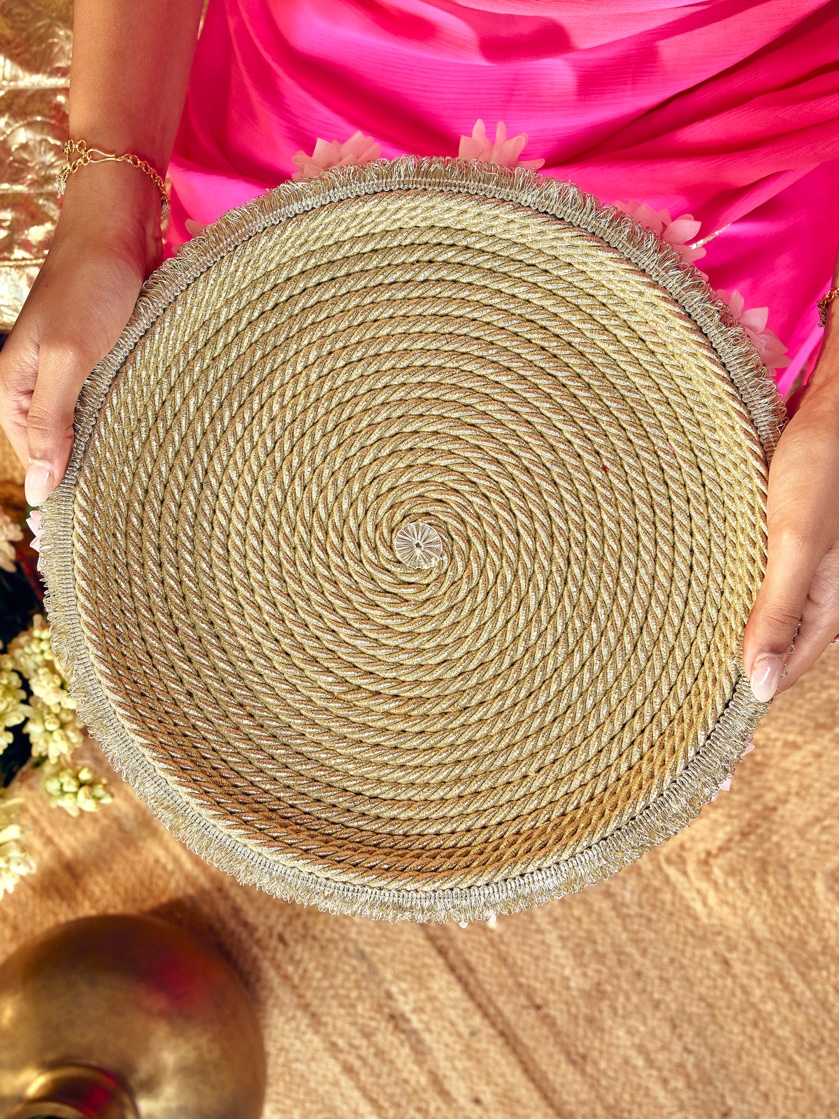 Chandini soft pastel Karwa Chauth thal with light gold badla dori and pearl accents