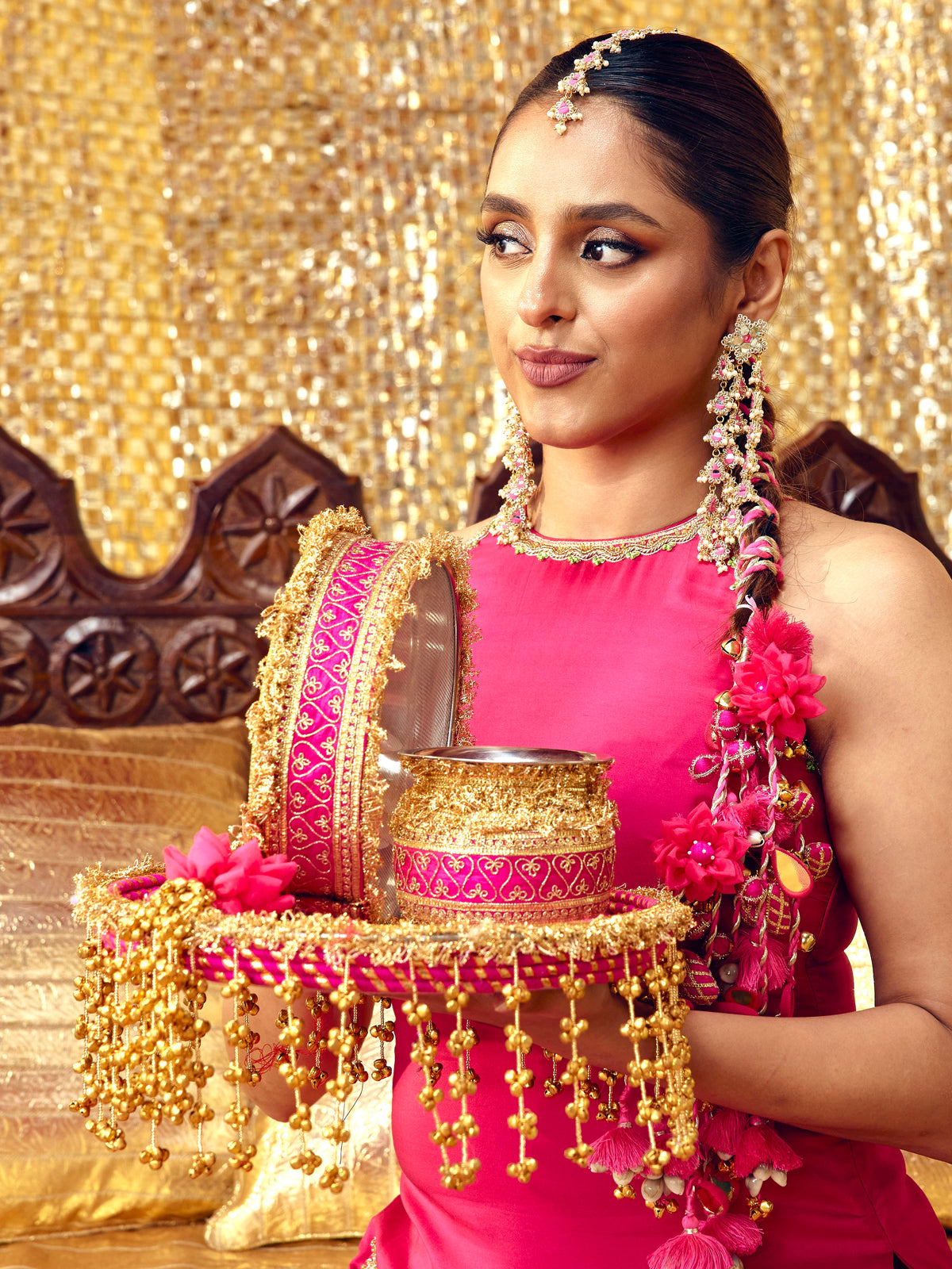 Tota Maina Karwa Chauth Thali - Rani Pink