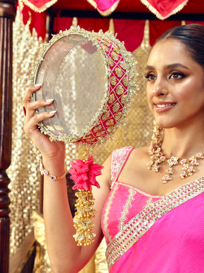 Chamak Essential Karwa Chauth Full Pooja Hamper - Rani Pink
