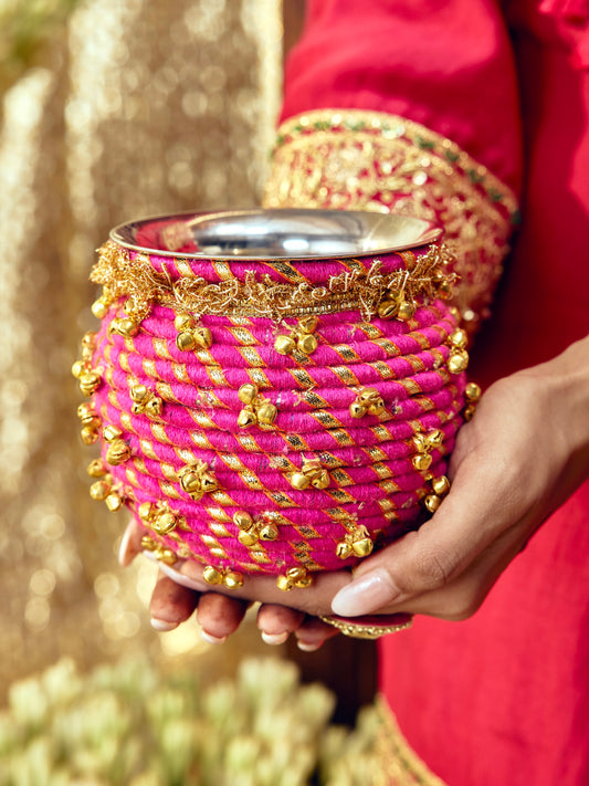 Kumkum rani pink Karwa Chauth kalash with thread gota dori and delicate ghungroo details