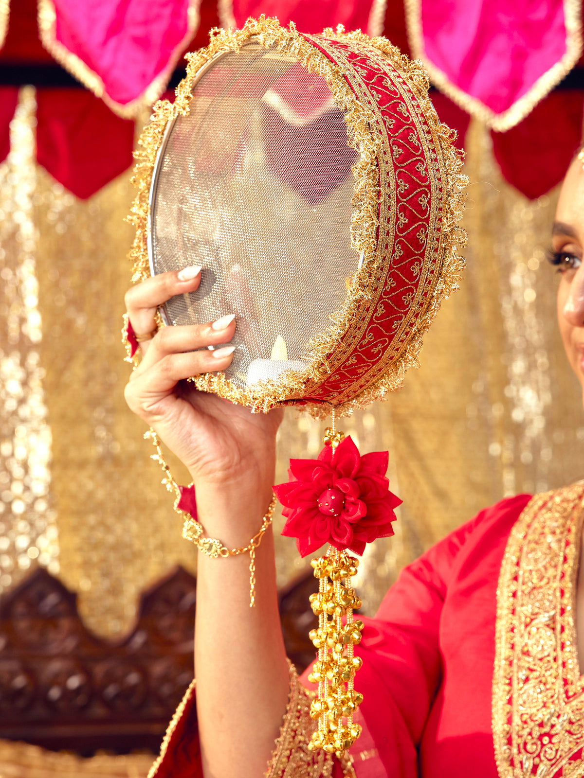 Tota Maina red Karwa Chauth channi with dori embroidery and romantic bird-and-floral motifs