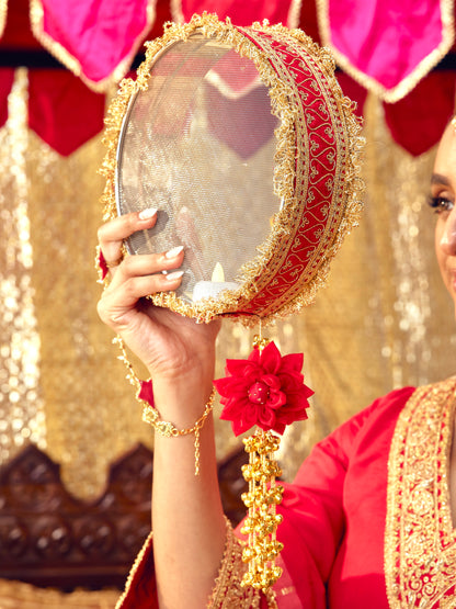 Tota Maina red Karwa Chauth channi with dori embroidery and romantic bird-and-floral motifs