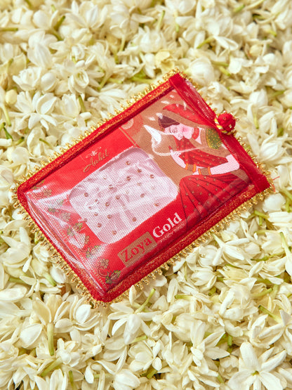 Sitara red bindi cover with mirror embroidery and golden floral details
