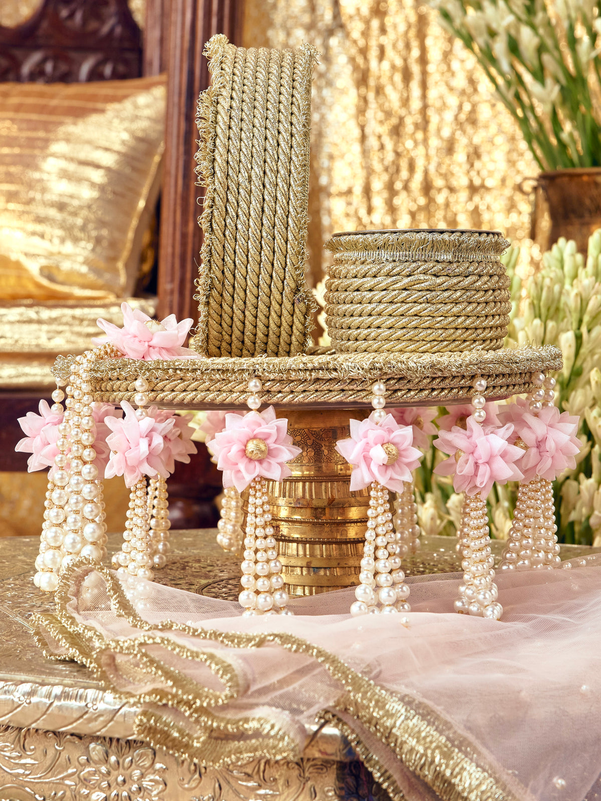 Chandini soft pastel Karwa Chauth pooja hamper displayed as a coordinated handcrafted set