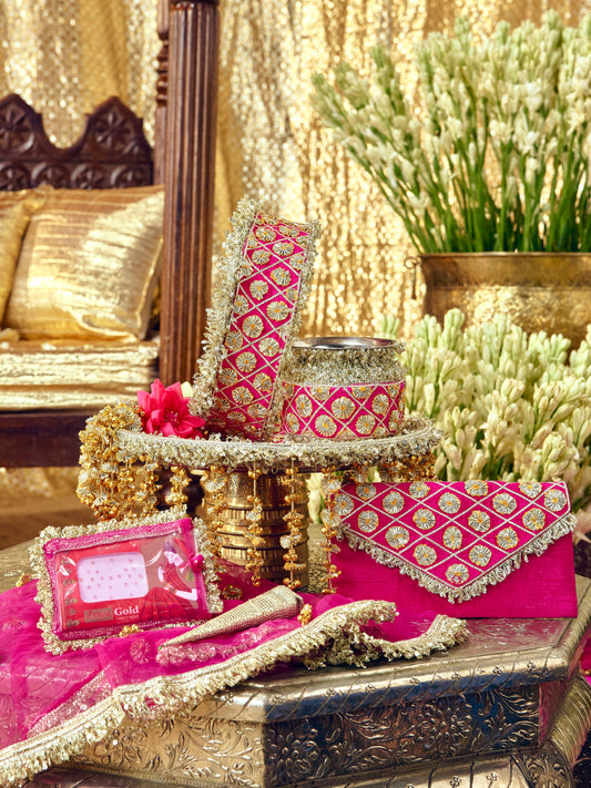 Chamak rani pink full Karwa Chauth pooja hamper with gota embroidery, ghungroo latkans and matching accessories