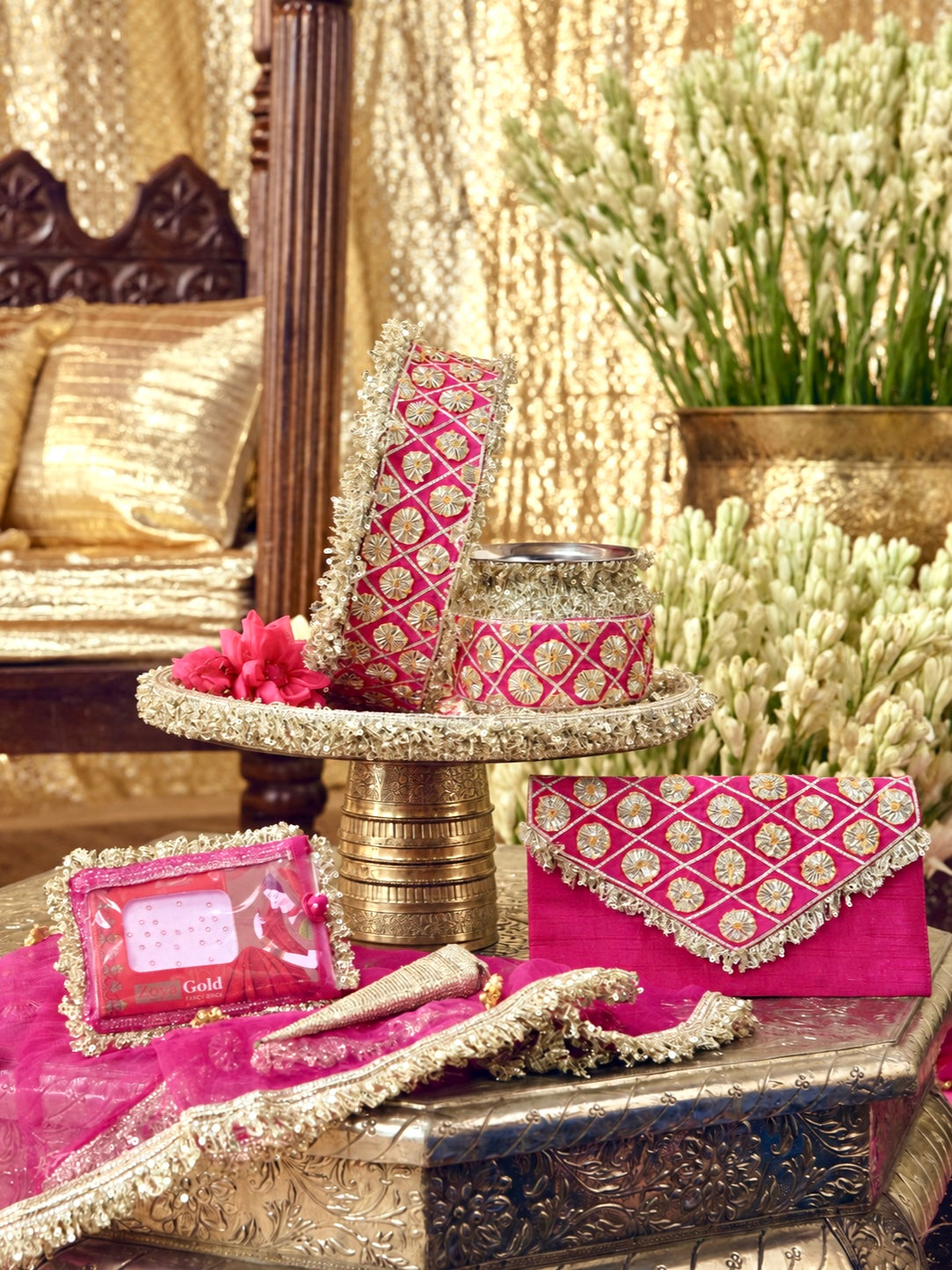 Chamak Essential Karwa Chauth Full Pooja Hamper - Rani Pink (Thali Without Latkan)