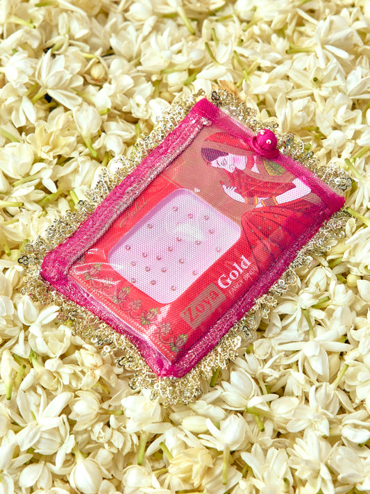Chamak rani pink bindi cover with intricate gota work and festive gold accents
