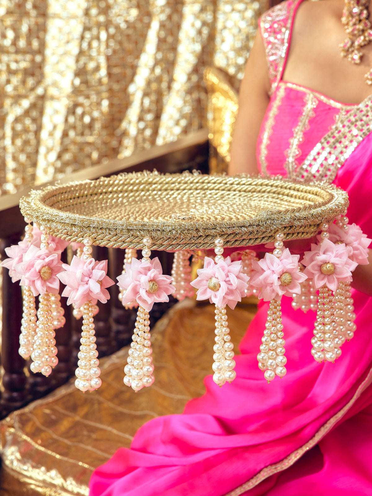 Chandini soft pastel Karwa Chauth thal with light gold badla dori and pearl accents