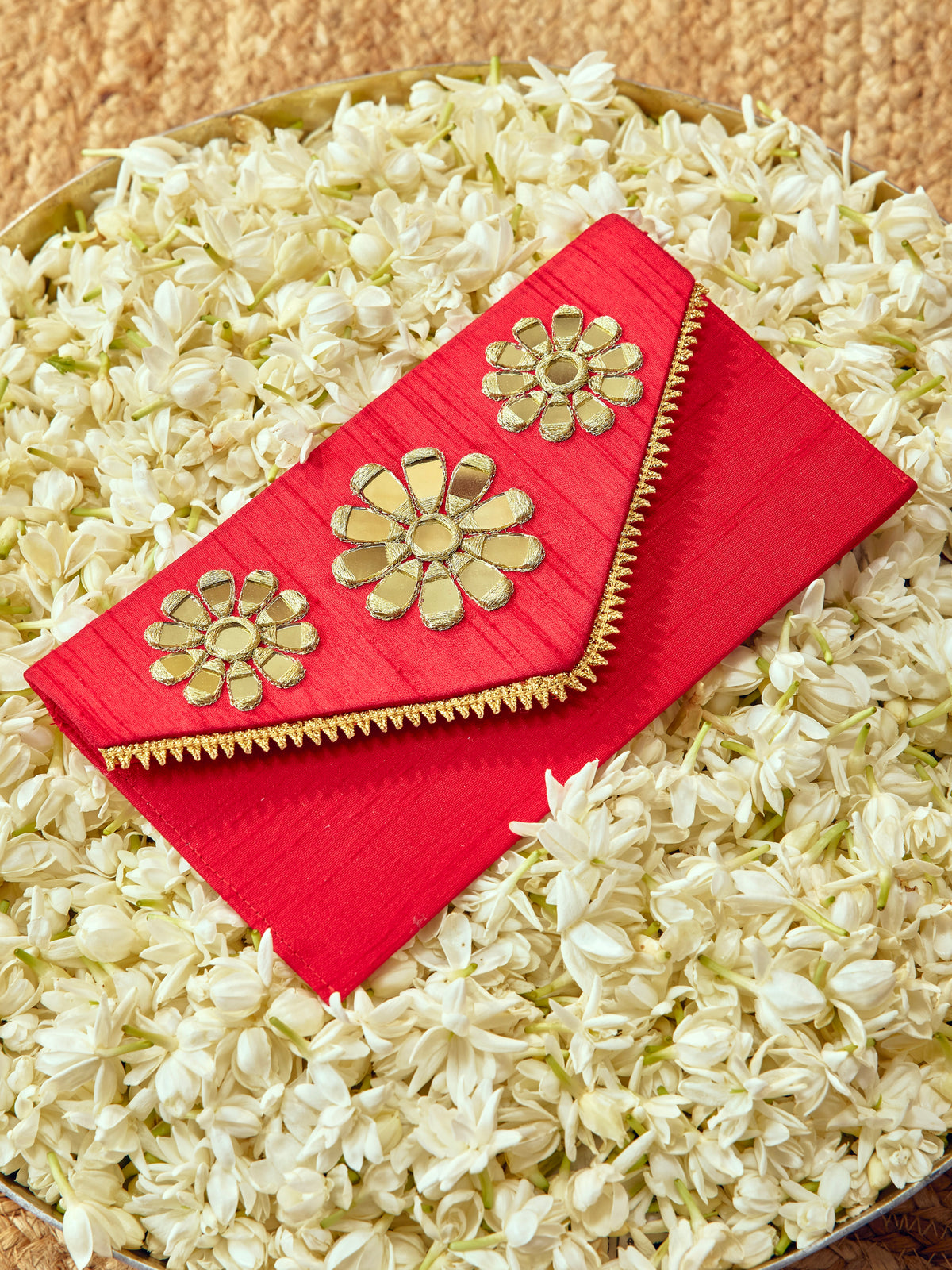 Sitara red Karwa Chauth envelope with mirror embroidery and golden floral details