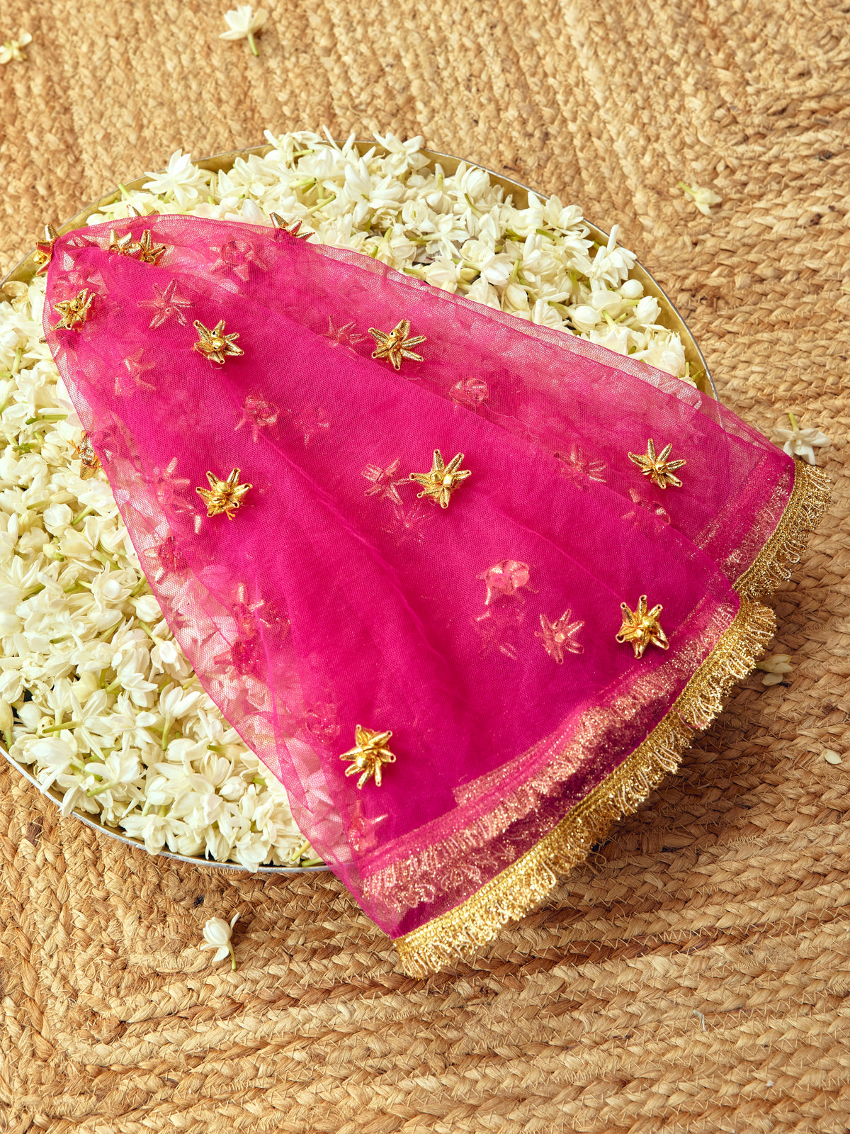 Kumkum rani pink Karwa Chauth chunri with thread gota dori and delicate ghungroo details