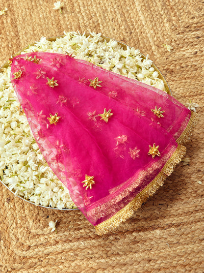 Kumkum rani pink Karwa Chauth chunri with thread gota dori and delicate ghungroo details