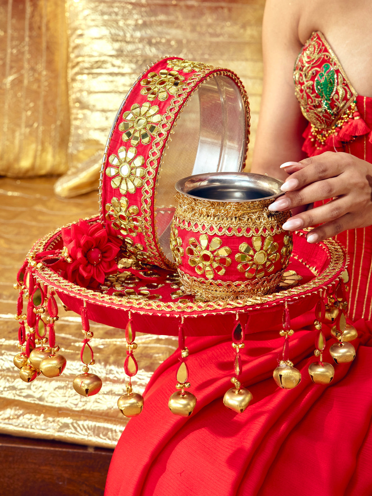 Sitara red Karwa Chauth pooja hamper displayed as a coordinated handcrafted set