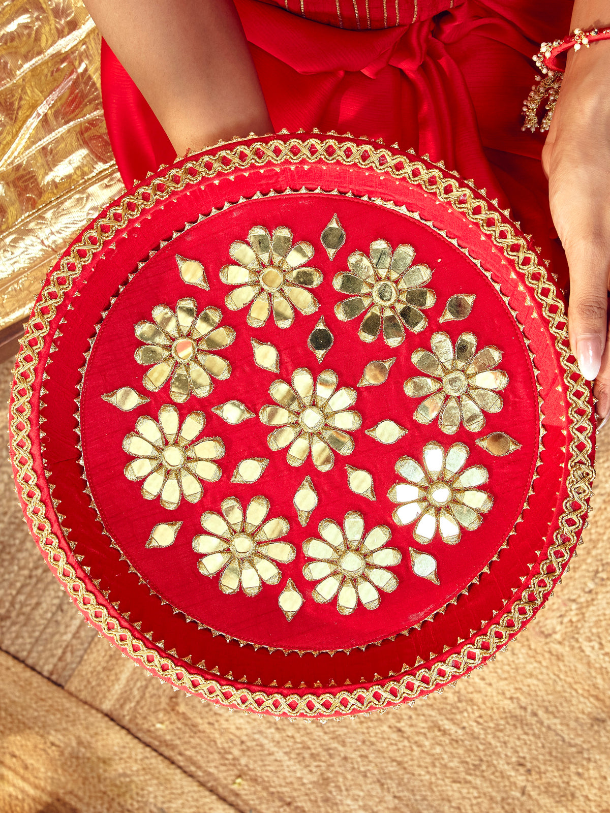 Sitara red Karwa Chauth thal with mirror embroidery and golden floral details