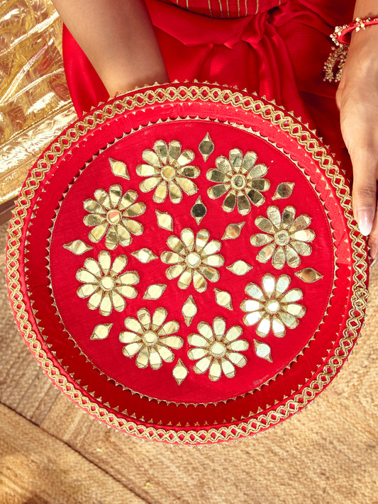 Sitara red Karwa Chauth thal with mirror embroidery and golden floral details