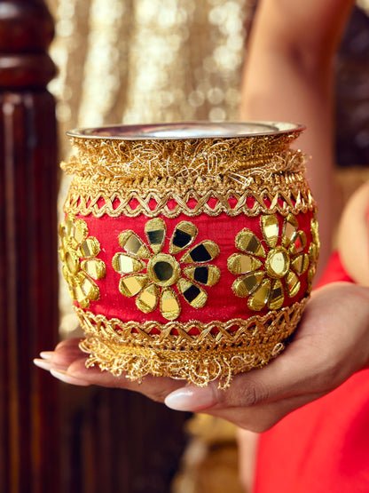 Sitara red Karwa Chauth kalash with mirror embroidery and golden floral details