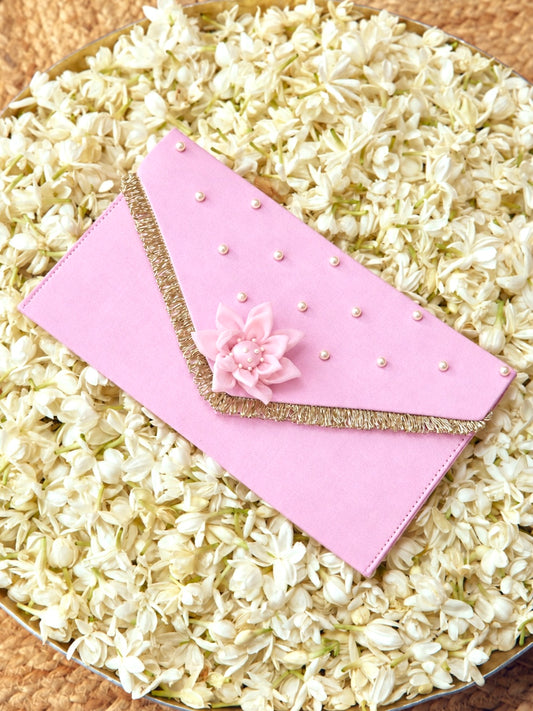 Chandini soft pastel Karwa Chauth envelope with light gold badla dori and pearl accents