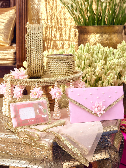 Chandini soft pastel Karwa Chauth pooja hamper displayed as a coordinated handcrafted set