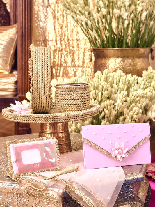 Chandini soft pastel Karwa Chauth pooja hamper displayed as a coordinated handcrafted set
