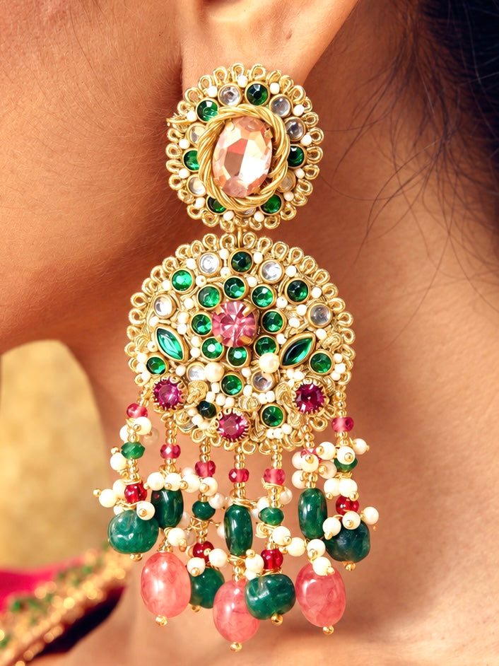 Gulnaar handcrafted statement earrings with gold-toned floral detailing and red, pink and green bead drops
