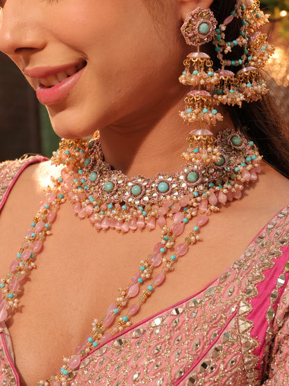 Firoza (Earrings with Earchains, Mathapatti, Sleek Necklace, Long Necklace & Pair of Hathphool with Kaleeras Set)