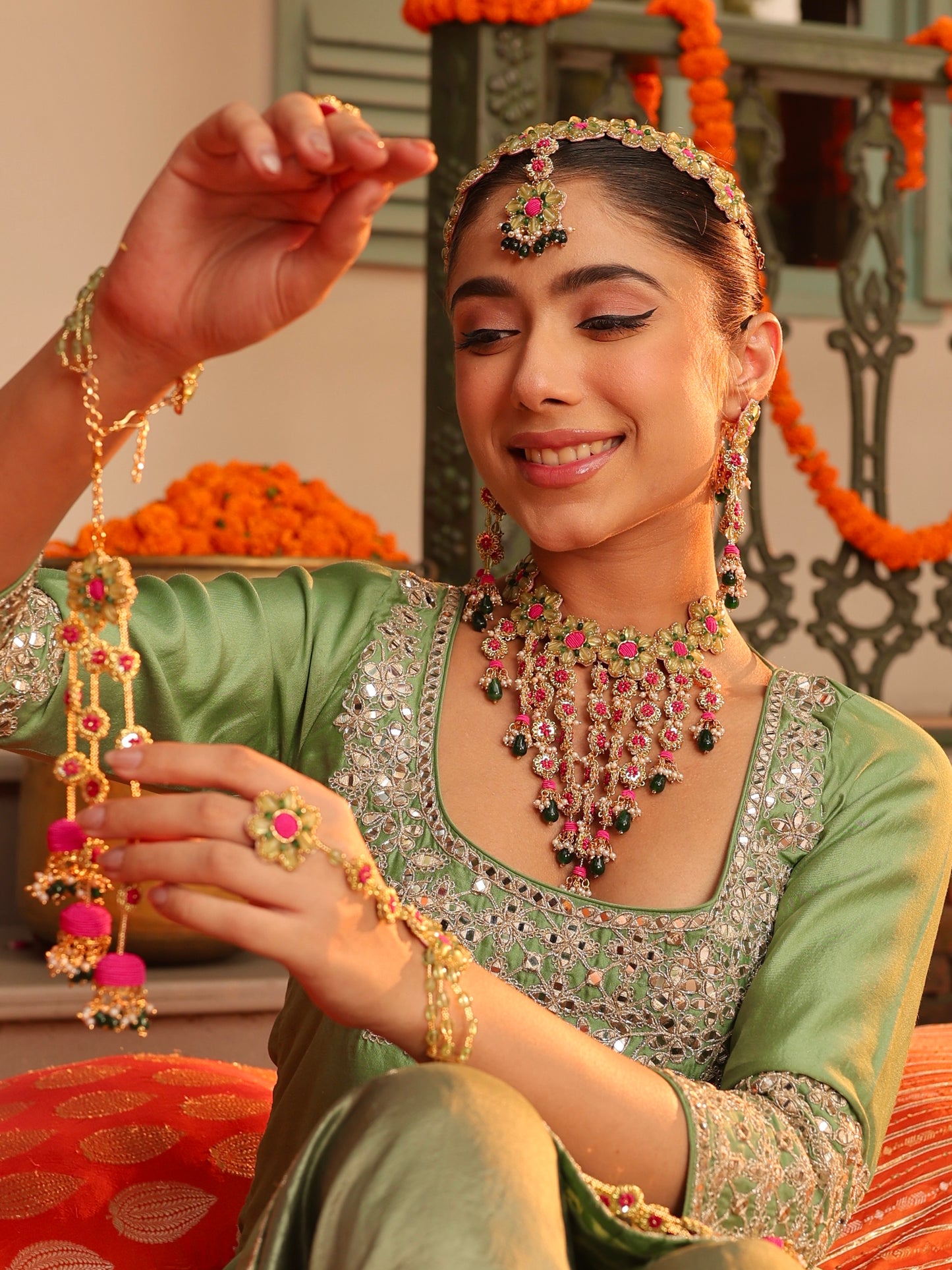 Gulabo (Earrings with Earchains, Mathapatti, Necklace & Pair of Hathphool with Embroidered Latkans Set)