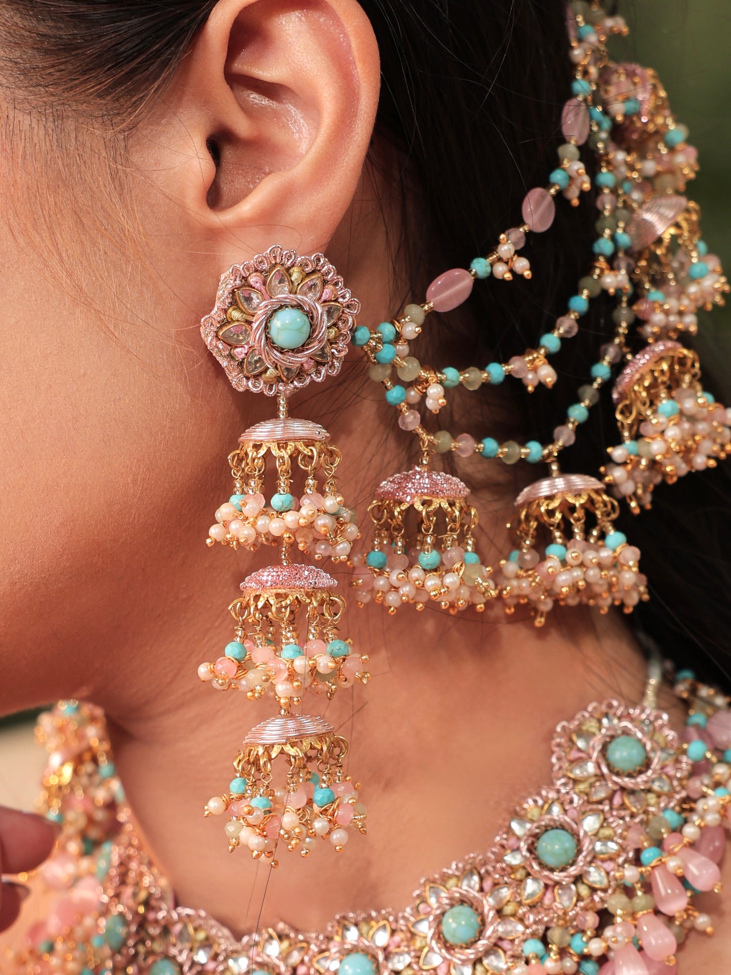 Firoza (Earrings with Earchains, Mathapatti, Sleek Necklace, Long Necklace & Pair of Hathphool with Kaleeras Set)