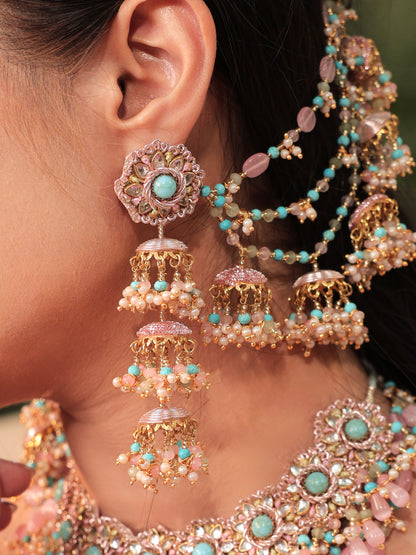 Firoza (Earrings with Earchains, Mathapatti, Sleek Necklace, Long Necklace & Pair of Hathphool with Kaleeras Set)