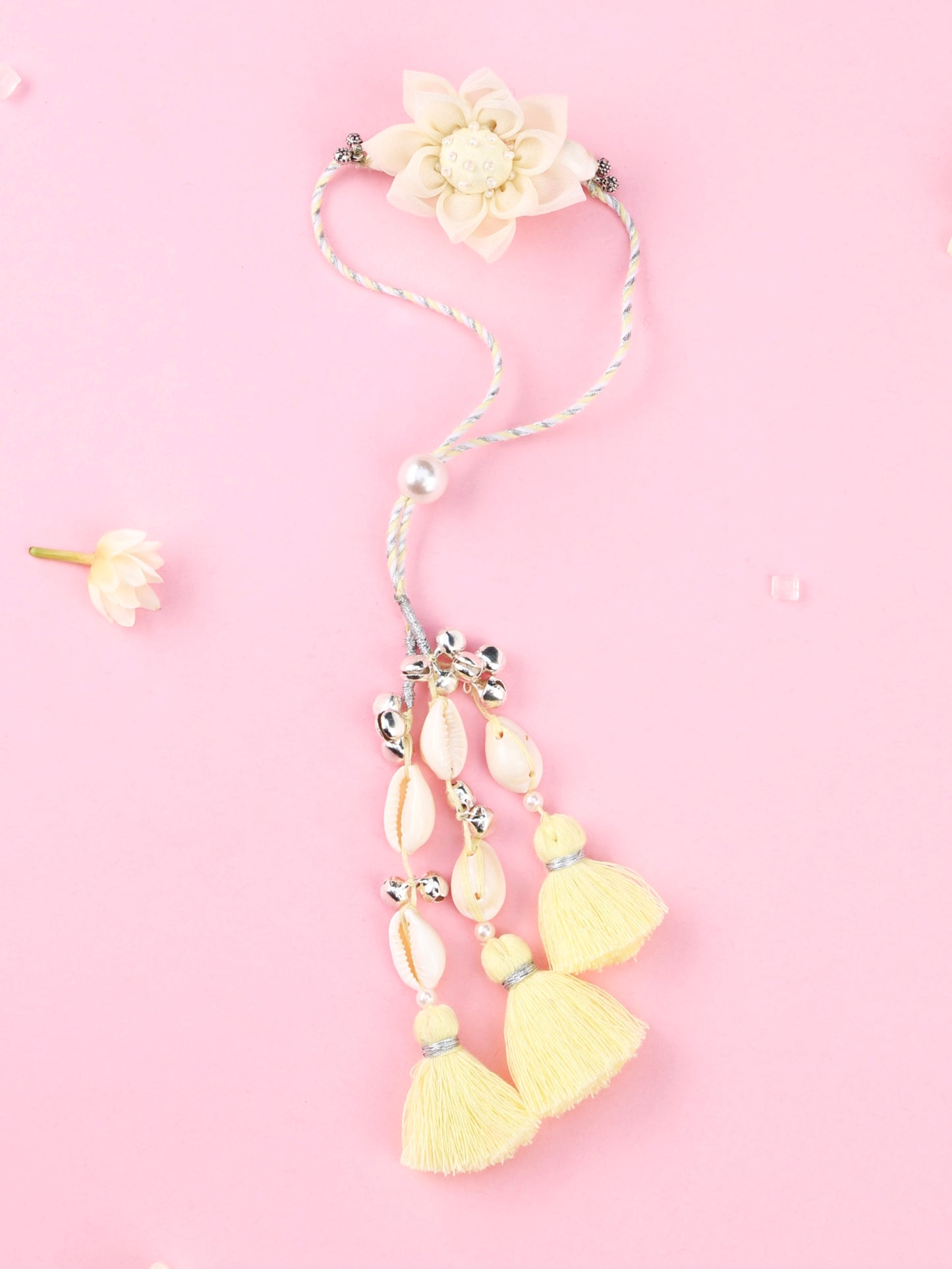 Handmade Floral Cowrie Yellow Lumba for Raksha Bandhan gifting