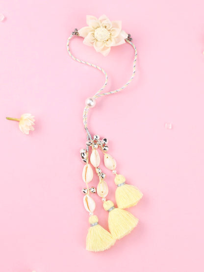 Handmade Floral Cowrie Yellow Lumba for Raksha Bandhan gifting