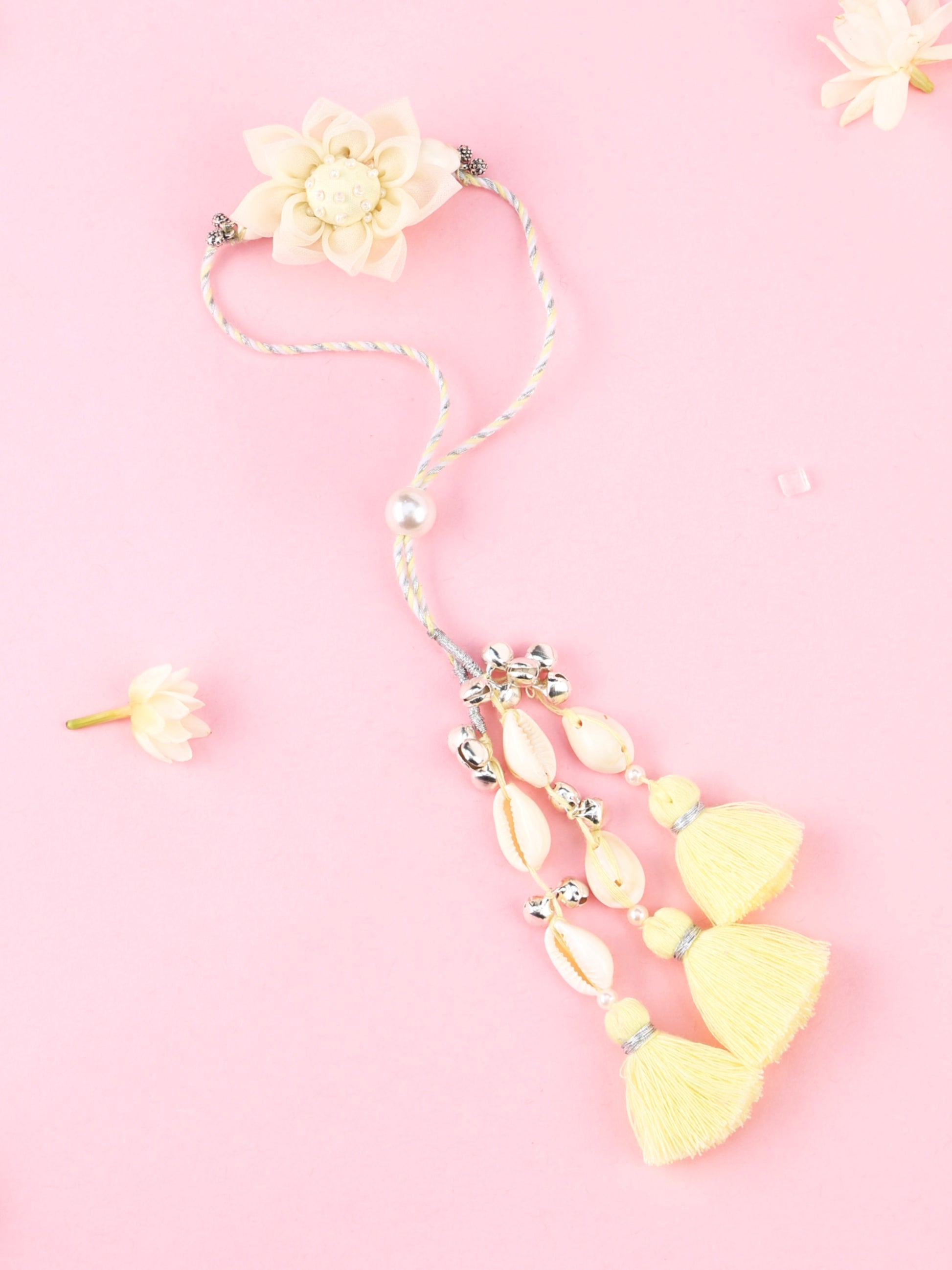 Floral Cowrie Yellow Lumba -  Lumba Rakhi for Bhabhi by Tonoto