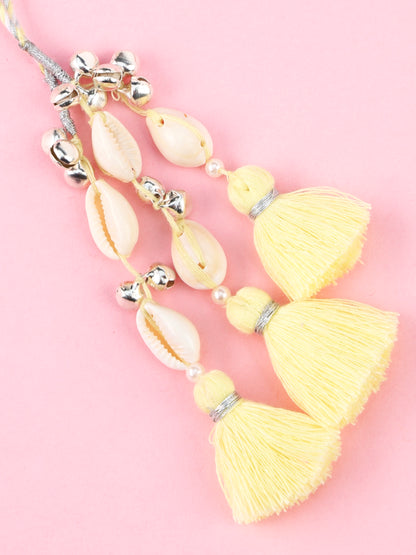 Handmade Floral Cowrie Yellow Lumba for Raksha Bandhan gifting