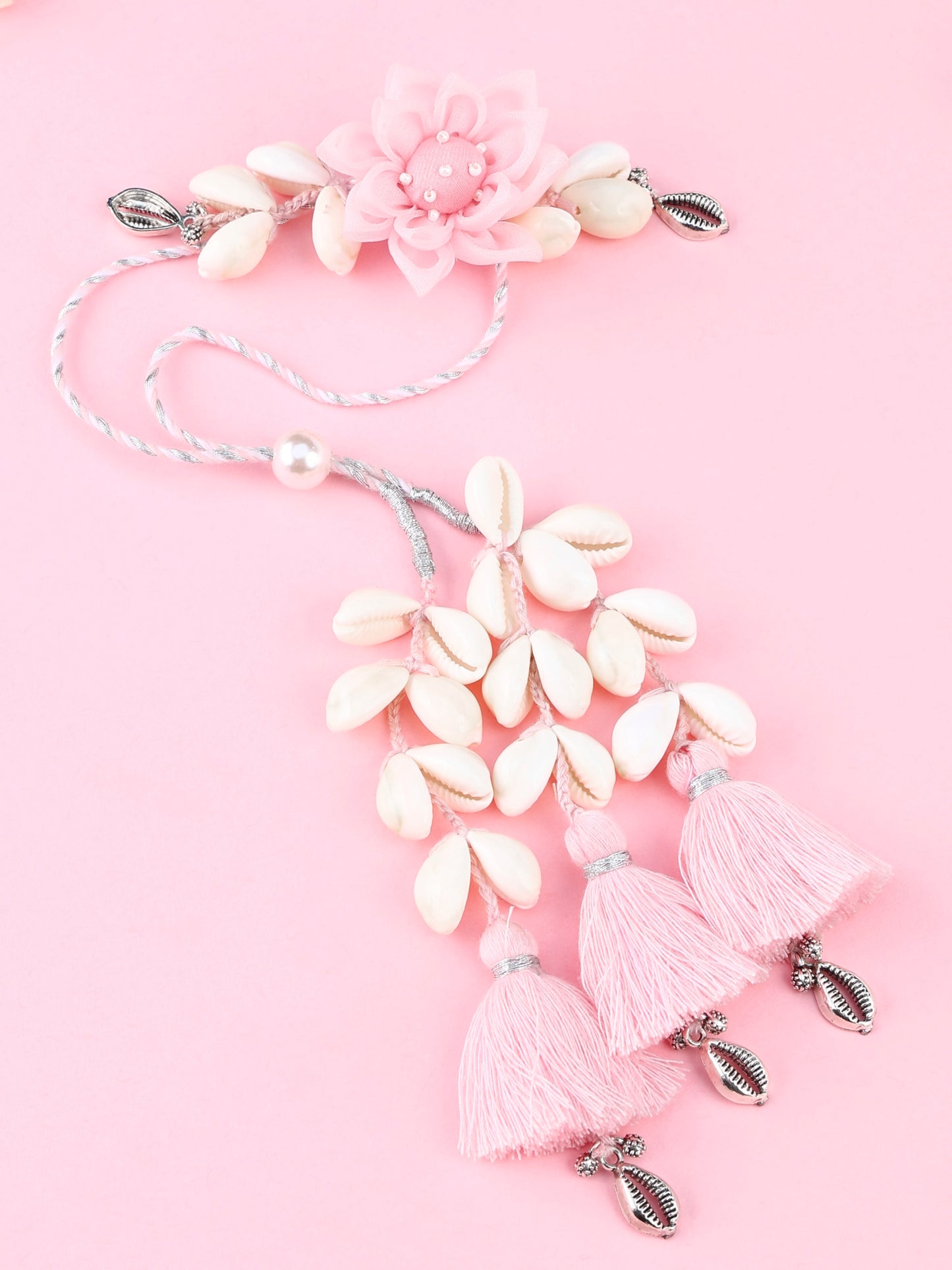 Handmade Floral Cowrie Pink Lumba for Raksha Bandhan gifting