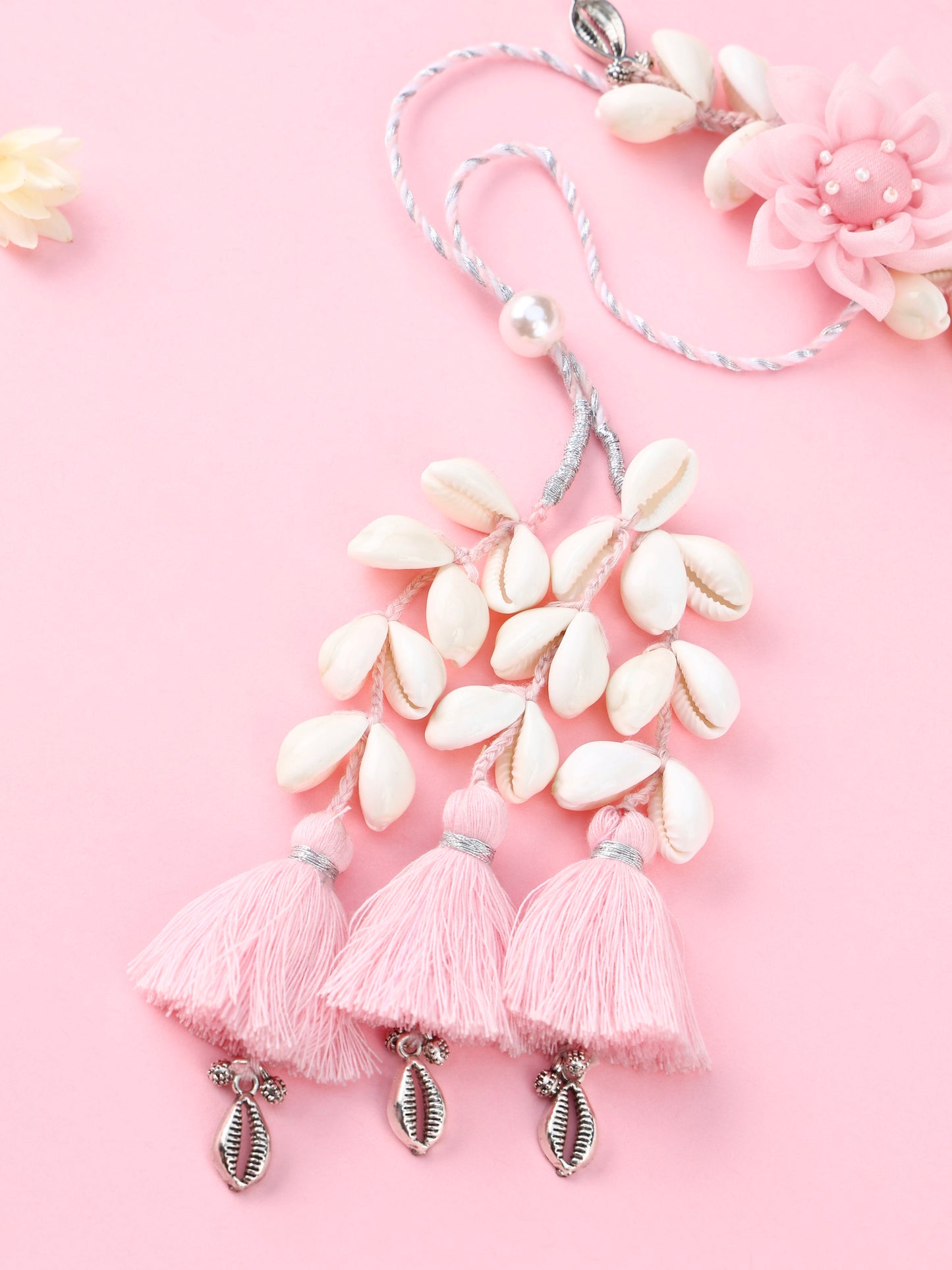 Handmade Floral Cowrie Pink Lumba for Raksha Bandhan gifting
