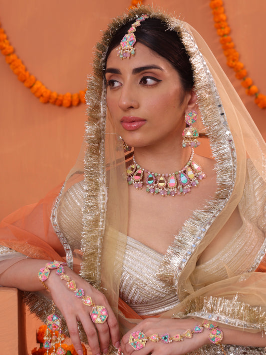 Masakali (Jhumki Earrings, Mangtikka, Tear Drop Necklace & Pair of Hathphool with Embroidered Latkans)