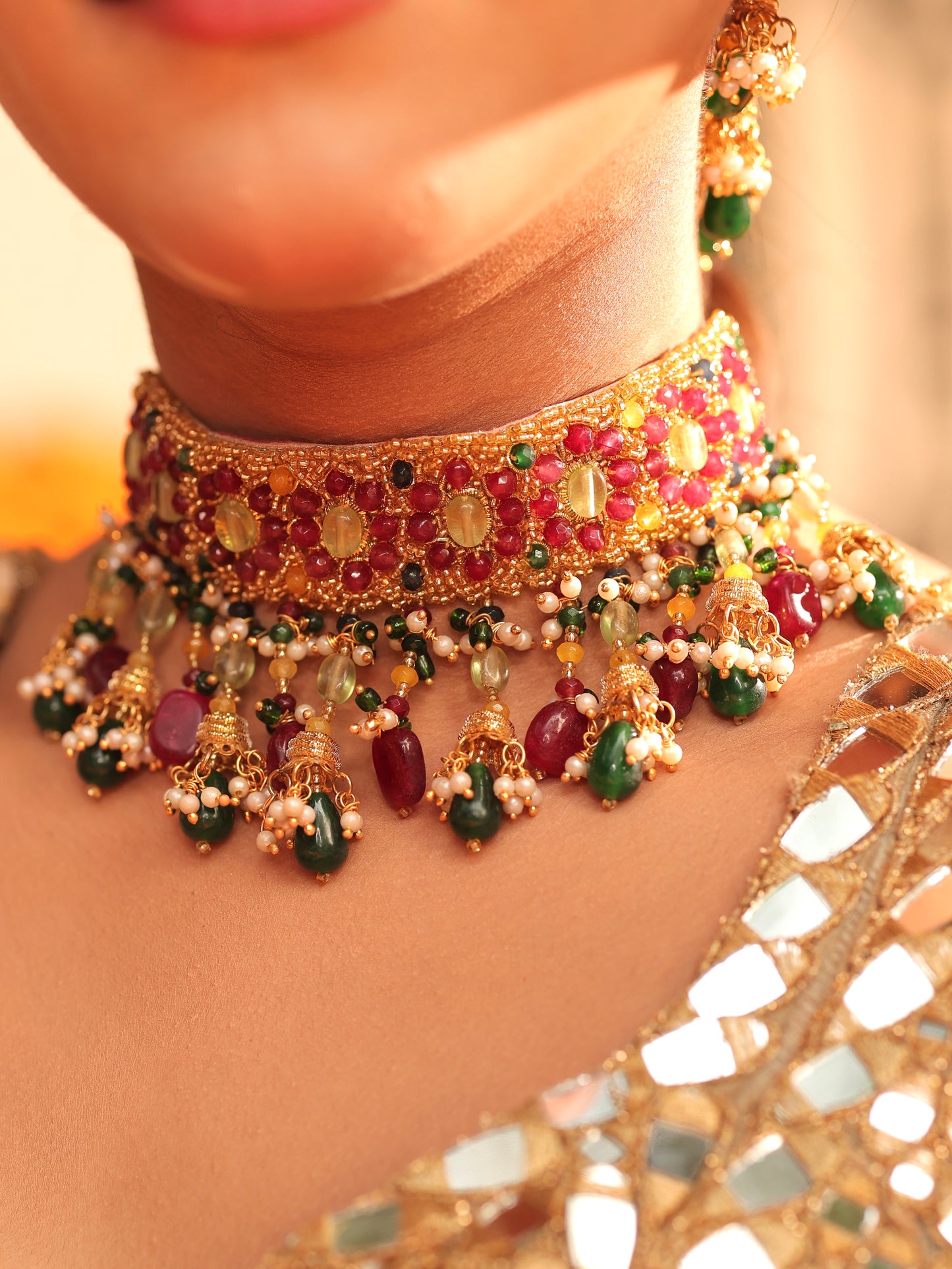 Noorani (Earrings with Earchains, Mangtikka, Passa, Choker & Pair of Hathphool Set)