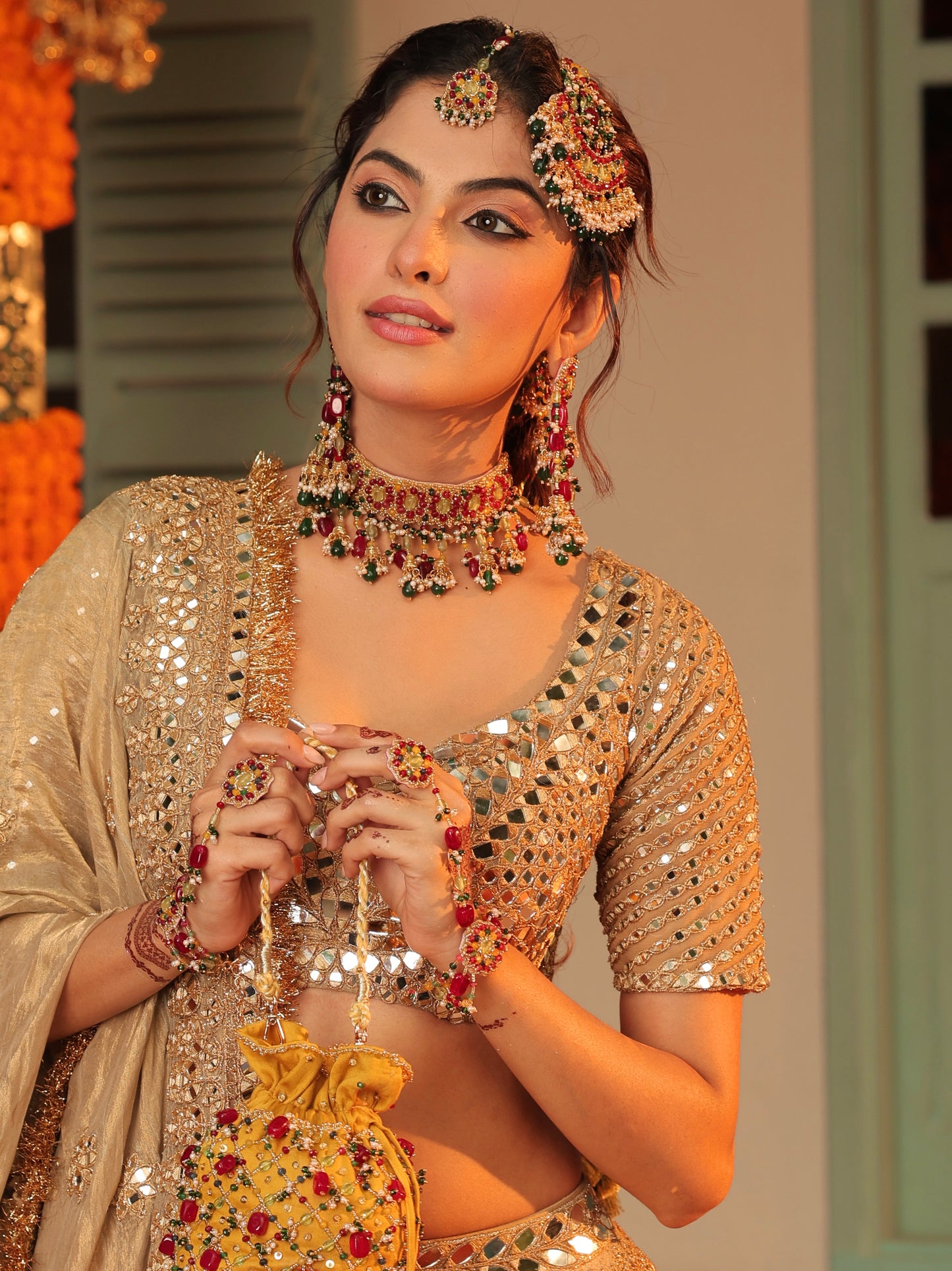 Noorani (Earrings with Earchains, Mangtikka, Passa, Choker & Pair of Hathphool Set)