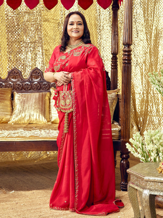 Model wearing the Gulaab red saree set with handcrafted festive embroidery
