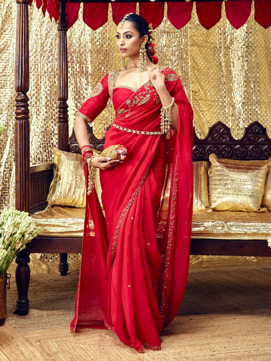 Model wearing the Gulaab red saree set with handcrafted festive embroidery