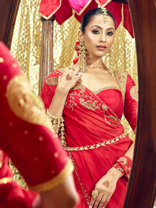 Gulaab red blouse with handcrafted floral embroidery and gold-toned festive details