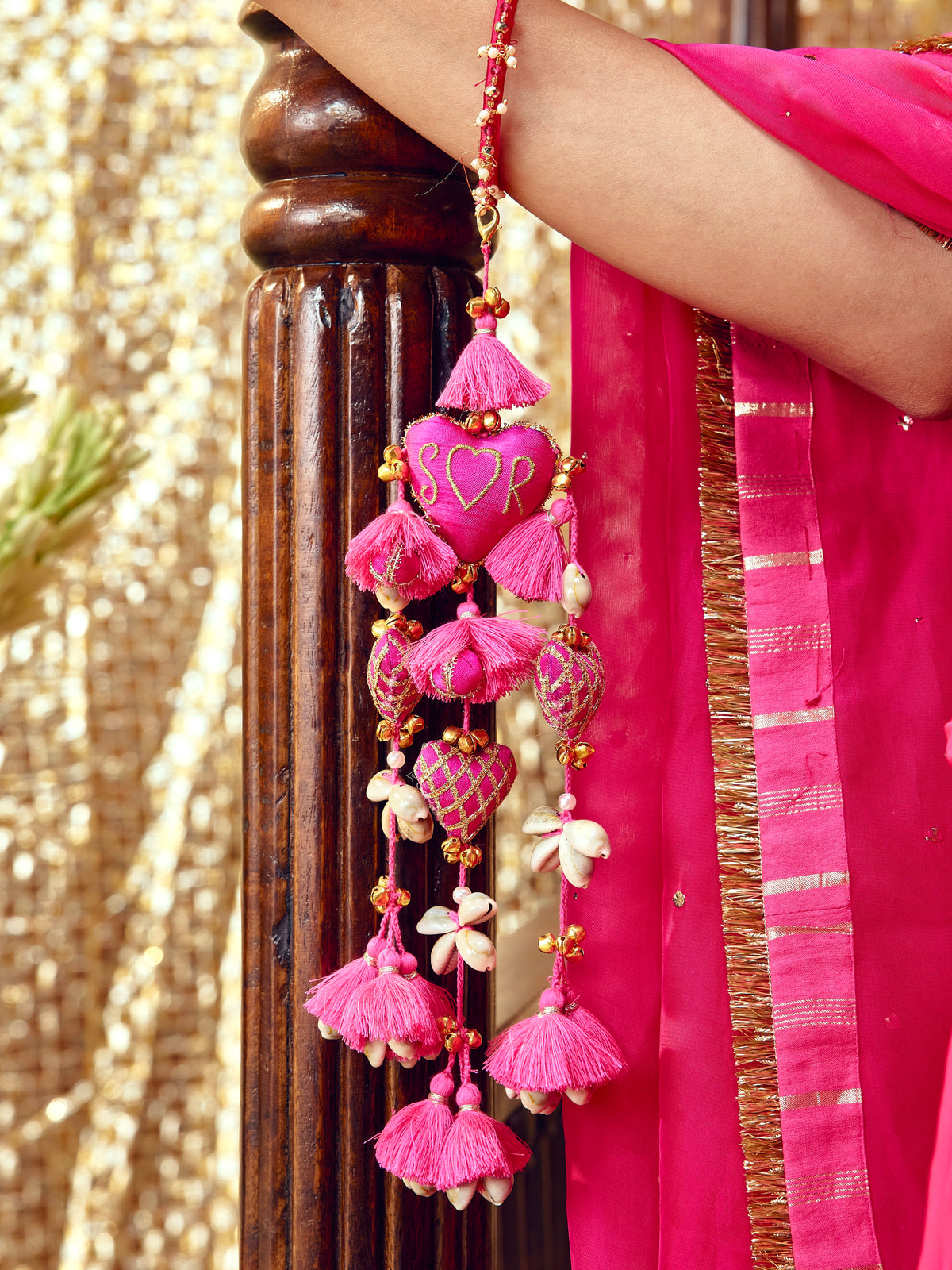 Custom Initial Rani Pink Bangle with Latkan (Single Hand)
