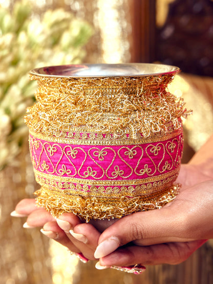 Tota Maina rani pink Karwa Chauth kalash with dori embroidery and romantic bird-and-floral motifs